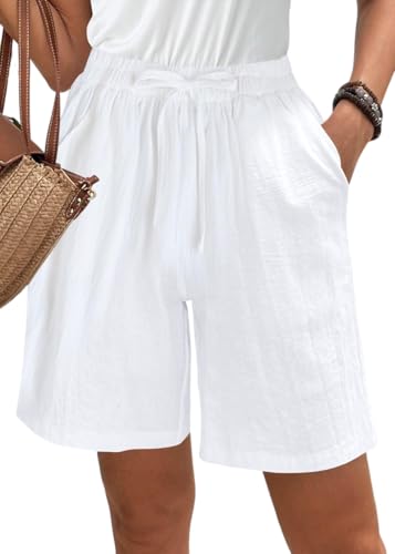 ORANDESIGNE Kurze Hose Damen Sommer Einfarbig Baumwolle Leinen Shorts Frauen Elastischer Bund Sporthose High Waist Kordelzug Freizeitshorts Elegant Lässige Strandshorts Mit Taschen A Weiß L von ORANDESIGNE