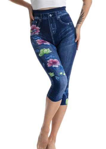 ORANDESIGNE Kurze Jeanshose Damen Capri Leggings Jeansoptik Caprihose C Hellblau M von ORANDESIGNE