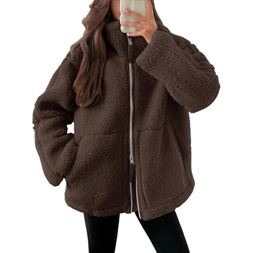 ORANDESIGNE Kuscheljacke Damen Freizeit Samt Jacke Dicke Warme Winterjacke Einfarbig Fleecejacke mit Taschen Reißverschluss Plüschjacke Bequem Wintermante Wolljacke A Dunkelbraun S von ORANDESIGNE