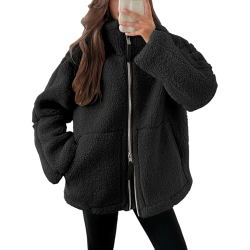 ORANDESIGNE Kuscheljacke Damen Freizeit Samt Jacke Dicke Warme Winterjacke Einfarbig Fleecejacke mit Taschen Reißverschluss Plüschjacke Bequem Wintermante Wolljacke A Schwarz L von ORANDESIGNE