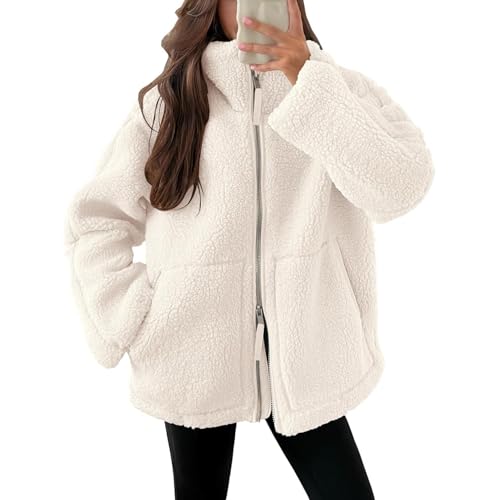ORANDESIGNE Kuscheljacke Damen Freizeit Samt Jacke Dicke Warme Winterjacke Einfarbig Fleecejacke mit Taschen Reißverschluss Plüschjacke Bequem Wintermante Wolljacke A Weiß XXL von ORANDESIGNE