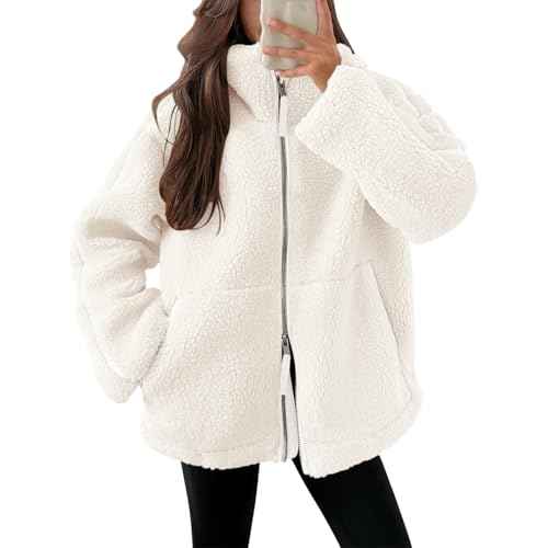 ORANDESIGNE Kuscheljacke Damen Freizeit Samt Jacke Dicke Warme Winterjacke Einfarbig Fleecejacke mit Taschen Reißverschluss Plüschjacke Bequem Wintermante Wolljacke F Beige XL von ORANDESIGNE