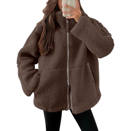 ORANDESIGNE Kuscheljacke Damen Freizeit Samt Jacke Dicke Warme Winterjacke Einfarbig Fleecejacke mit Taschen Reißverschluss Plüschjacke Bequem Wintermante Wolljacke F Braun M von ORANDESIGNE
