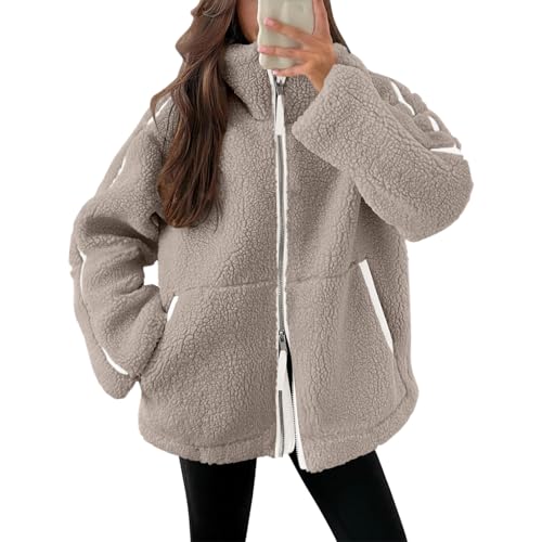 ORANDESIGNE Kuscheljacke Damen Freizeit Samt Jacke Dicke Warme Winterjacke Einfarbig Fleecejacke mit Taschen Reißverschluss Plüschjacke Bequem Wintermante Wolljacke F Kamel XS von ORANDESIGNE