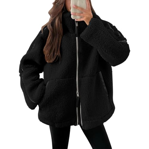 ORANDESIGNE Kuscheljacke Damen Freizeit Samt Jacke Dicke Warme Winterjacke Einfarbig Fleecejacke mit Taschen Reißverschluss Plüschjacke Bequem Wintermante Wolljacke F Schwarz L von ORANDESIGNE