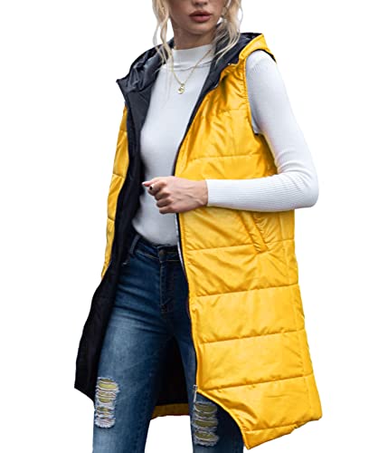 ORANDESIGNE Lang Weste Damen Daunenweste Mantel mit Kapuze Steppweste Wintermantel Ärmellose Länge Steppjacke Lange Jacke Weste Kapuzenweste Lange Steppweste A Gelb 3XL von ORANDESIGNE