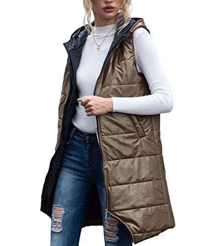 ORANDESIGNE Lang Weste Damen Daunenweste Mantel mit Kapuze Steppweste Wintermantel Ärmellose Länge Steppjacke Lange Jacke Weste Kapuzenweste Lange Steppweste A Khaki 3XL von ORANDESIGNE