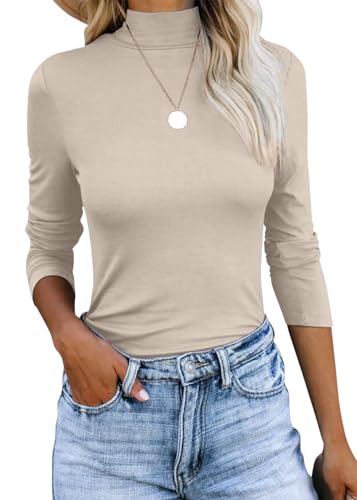 ORANDESIGNE Langarmshirt Damen Stehkragen T-Shirts Slim Fit Basic Tops Y2K Leichtes Einfarbige Langarm Rollkragenshirt Turtleneck Pullover Unterziehshirt Rollkragen Shirt Oberteil A Beige S von ORANDESIGNE