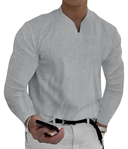 ORANDESIGNE Langarmshirt Herren Dünner Stoff Langarm Basic Longsleeve Sportshirt V Ausschnitt T-Shirt Fitness Outdoor Sports Running Shirt Dünn Sweatshirt Sweater Pullover Keine Tasche Hellgrau M von ORANDESIGNE