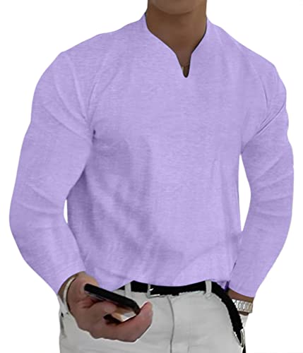 ORANDESIGNE Langarmshirt Herren Dünner Stoff Langarm Basic Longsleeve Sportshirt V Ausschnitt T-Shirt Fitness Outdoor Sports Running Shirt Dünn Sweatshirt Sweater Pullover Keine Tasche Violett XXL von ORANDESIGNE