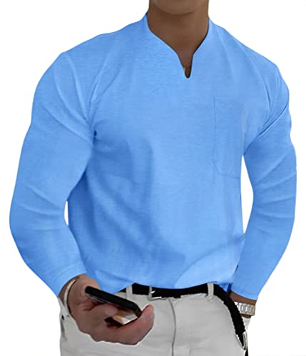 ORANDESIGNE Langarmshirt Herren Dünner Stoff Langarm Basic Longsleeve Sportshirt V Ausschnitt T-Shirt Fitness Outdoor Sports Running Shirt Dünn Sweatshirt Sweater Pullover Mit Tasche Hellblau M von ORANDESIGNE