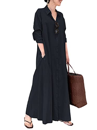 ORANDESIGNE Lange Kleider Sommerkleid Damen Maxikleider Langarm Tunika Kleid Longshirt Blusenkleid Casual Maxikleid mit Taschen A Blau S von ORANDESIGNE