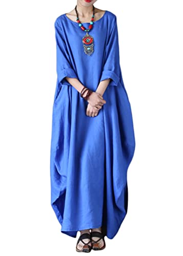 ORANDESIGNE Lange Leinenkleid Damen Rundhals Lose Boho Kaftan Große Größen Halber Ärmel Mittelalter Baumwolle Leinen Maxikleid Oversize Strandkleid Strandponcho A Blau L von ORANDESIGNE
