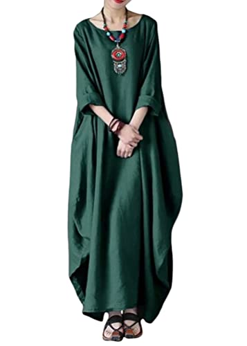 ORANDESIGNE Lange Leinenkleid Damen Rundhals Lose Boho Kaftan Große Größen Halber Ärmel Mittelalter Baumwolle Leinen Maxikleid Oversize Strandkleid Strandponcho A Grün XL von ORANDESIGNE