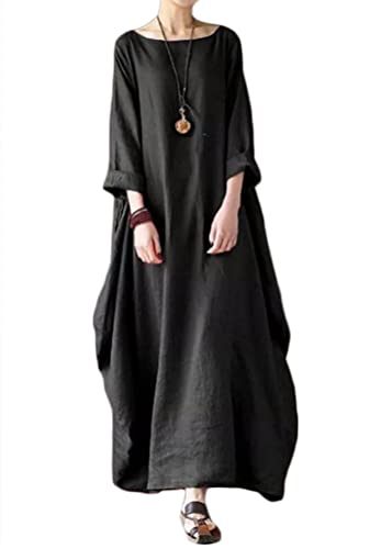 ORANDESIGNE Lange Leinenkleid Damen Rundhals Lose Boho Kaftan Große Größen Halber Ärmel Mittelalter Baumwolle Leinen Maxikleid Oversize Strandkleid Strandponcho A Schwarz 3XL von ORANDESIGNE