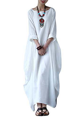 ORANDESIGNE Lange Leinenkleid Damen Rundhals Lose Boho Kaftan Große Größen Halber Ärmel Mittelalter Baumwolle Leinen Maxikleid Oversize Strandkleid Strandponcho A Weiß, XL von ORANDESIGNE