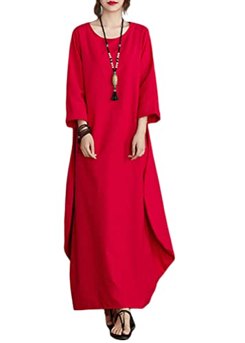 ORANDESIGNE Lange Leinenkleid Damen Rundhals Lose Boho Kaftan Große Größen Halber Ärmel Mittelalter Baumwolle Leinen Maxikleid Oversize Strandkleid Strandponcho B Rot L von ORANDESIGNE