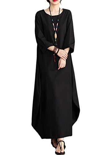 ORANDESIGNE Lange Leinenkleid Damen Rundhals Lose Boho Kaftan Große Größen Halber Ärmel Mittelalter Baumwolle Leinen Maxikleid Oversize Strandkleid Strandponcho B Schwarz XL von ORANDESIGNE