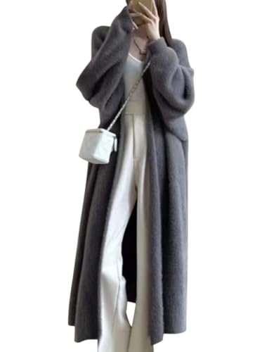 ORANDESIGNE Lange Strickjacke Damen Langarm Cardigan Open Front Sweater Frühling Herbst Winter Casual Strickcardigan Pullover Plüsch Jacke Maxi Coat Lang Feinstrick Strickmantel A Grau von ORANDESIGNE