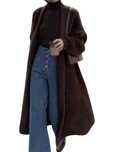 ORANDESIGNE Lange Strickjacke Damen Langarm Cardigan Open Front Sweater Frühling Herbst Winter Casual Strickcardigan Pullover Plüsch Jacke Maxi Coat Lang Feinstrick Strickmantel A Kaffee von ORANDESIGNE