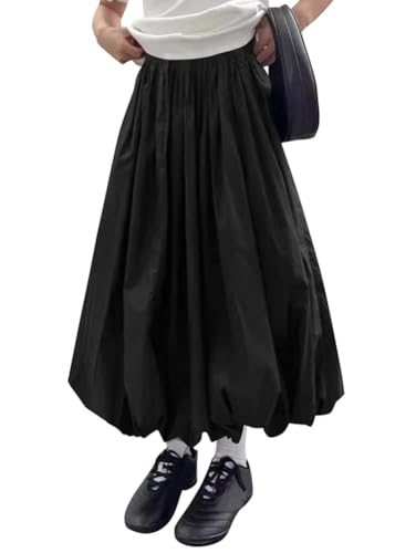 ORANDESIGNE Langer Rock Damen Maxirock Sommer Elegant Laternenrock Solide Elastische Taille A-Linie Ballonrock Lässige Streetwear A Schwarz L von ORANDESIGNE