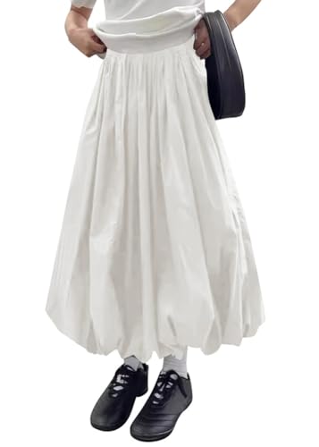 ORANDESIGNE Langer Rock Damen Maxirock Sommer Elegant Laternenrock Solide Elastische Taille A-Linie Ballonrock Lässige Streetwear A Weiß M von ORANDESIGNE