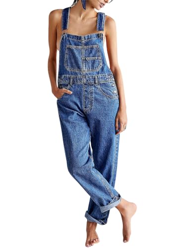 ORANDESIGNE Latzhose Damen Denim Stretch Straight Leg Jeans Vintage Overall Regular Fit Bib Jean Jumpsuits Comfy Verstellbare Riemen Lässig Boyfriend Stylisch Jumpsuit A Blau S von ORANDESIGNE