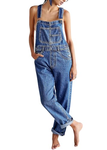ORANDESIGNE Latzhose Damen Denim Stretch Straight Leg Jeans Vintage Overall Regular Fit Bib Jean Jumpsuits Comfy Verstellbare Riemen Lässig Boyfriend Stylisch Jumpsuit A Blau XS von ORANDESIGNE