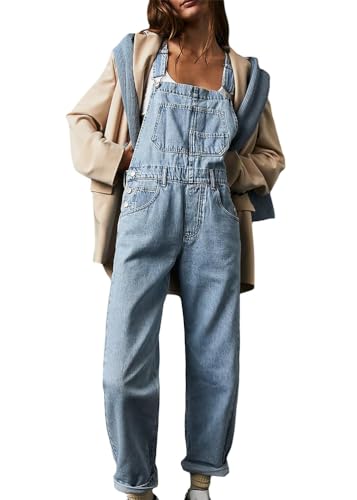 ORANDESIGNE Latzhose Damen Denim Stretch Straight Leg Jeans Vintage Overall Regular Fit Bib Jean Jumpsuits Comfy Verstellbare Riemen Lässig Boyfriend Stylisch Jumpsuit A Hellblau XS von ORANDESIGNE