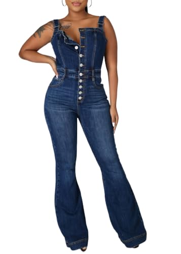 ORANDESIGNE Latzhose Damen Sommer Jeans Jumpsuit Jeanslatzhose Verstellbarer Riemen Regular Fit Bootcut Denim Bib Overalls Retro Schlagjeans L C Dunkelblau von ORANDESIGNE
