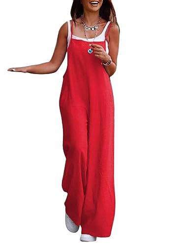 ORANDESIGNE Latzhose Damen Weite Bein Schlag Jumpsuit mit Tasche Loose Fit Baggy Playsuits Sommer Boho Strampler Ärmellos Riemchen Overalls Casual Adjustable Bib Pants A Rot S von ORANDESIGNE