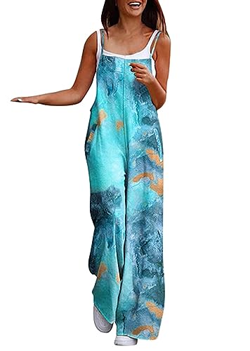 ORANDESIGNE Latzhose Damen Weite Bein Schlag Jumpsuit mit Tasche Loose Fit Baggy Playsuits Sommer Boho Strampler Ärmellos Riemchen Overalls Casual Adjustable Bib Pants B Blau M von ORANDESIGNE