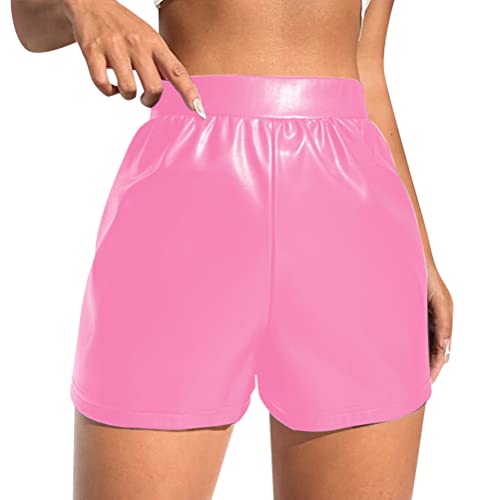 ORANDESIGNE Leder Shorts Damen Kurz Lederoptik Glanz PU Hose Push Up Kunstleder Hotpants Sommer Casual Lässige Ledershort Club Party Shorts Sexy Nachtclub Hotpant 13 Rosa XL von ORANDESIGNE