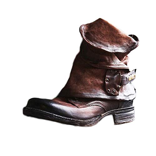 ORANDESIGNE Leder Stiefe für Damen Retro Blockabsatz Stiefeletten Frauen Bequeme Schuhe mit Rutschfester Sohle Mode Herbst Winter Casual Boots Schuhe Stiefel B Braun 38 EU von ORANDESIGNE