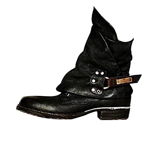 ORANDESIGNE Leder Stiefe für Damen Retro Blockabsatz Stiefeletten Frauen Bequeme Schuhe mit Rutschfester Sohle Mode Herbst Winter Casual Boots Schuhe Stiefel B Schwarz 42 EU von ORANDESIGNE