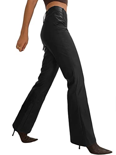 ORANDESIGNE Lederhosen Damen Lang PU Leder Look Optik Schwarz Schlank Hose Hohe Taille Breites Bein Lange Einfarbig Pants Elegant B Schwarz L von ORANDESIGNE