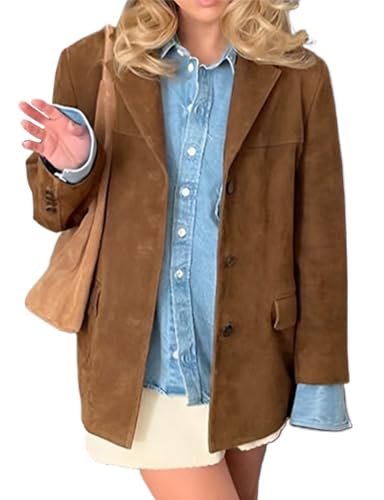 ORANDESIGNE Lederjacke Damen Wildlederjacke Blazer Winter Wildleder Mantel Revers Veloursleder-Blazer Langarm Oversized Lederjacke Braun A Braun M von ORANDESIGNE