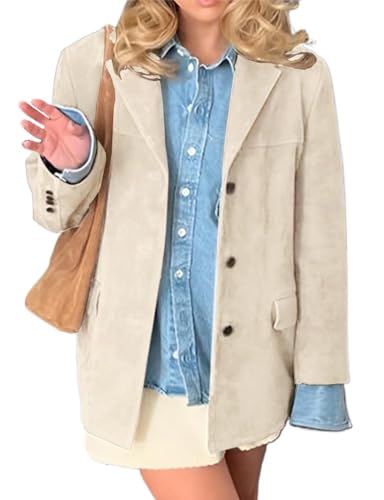 ORANDESIGNE Lederjacke Damen Wildlederjacke Blazer Winter Wildleder Mantel Revers Veloursleder-Blazer Langarm Oversized Lederjacke Braun A Khaki XXL von ORANDESIGNE