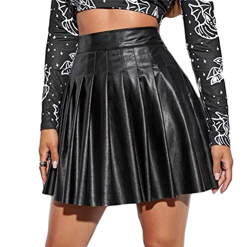 ORANDESIGNE Lederrock Damen Sexy Kurz Plissee Rock Party Hohe Taille PU Minirock Leder Ausgestellter Rock Einfarbig Skater Rock Sommer Clubwear Outfit Schwarz M von ORANDESIGNE