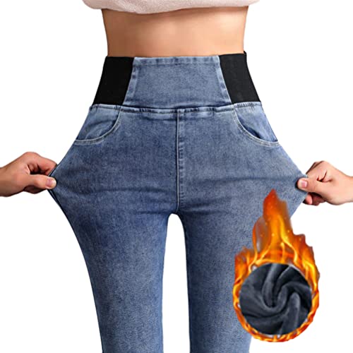 ORANDESIGNE Leggings Damen Skinny Jeans High Waist Jogginghose Deinm Stretch Hose mit Taschen Winter Fleece Jeans Pants Fitnesshose Yogahose Streetwear Herbst A Blau B M von ORANDESIGNE