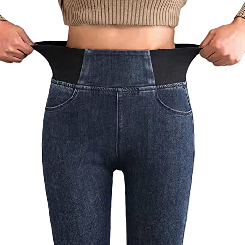 ORANDESIGNE Leggings Damen Skinny Jeans High Waist Jogginghose Deinm Stretch Hose mit Taschen Winter Fleece Jeans Pants Fitnesshose Yogahose Streetwear Herbst A Dunkelblau A 3XL von ORANDESIGNE