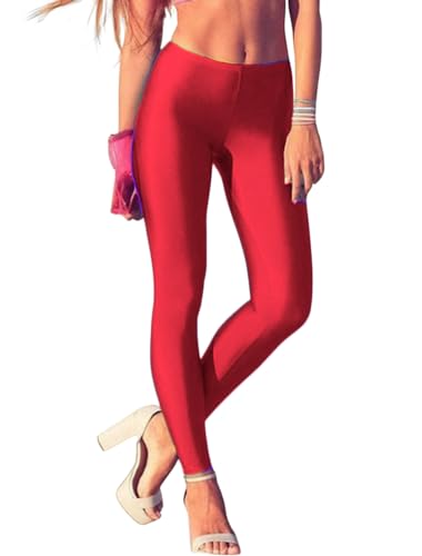 ORANDESIGNE Leggings Glänzend Damen Bauchkontrolle Glänzend Yoga Leggings mit Hoher Taille Strumpfhosen Glitzer Strumpfhosen Blickdicht Haut Sport Leggings A Rot M von ORANDESIGNE