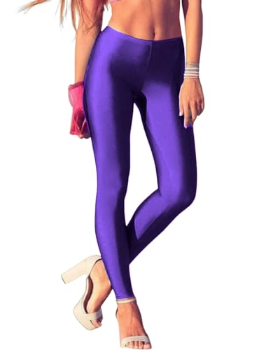 ORANDESIGNE Leggings Glänzend Damen Bauchkontrolle Glänzend Yoga Leggings mit Hoher Taille Strumpfhosen Glitzer Strumpfhosen Blickdicht Haut Sport Leggings A Violett L von ORANDESIGNE