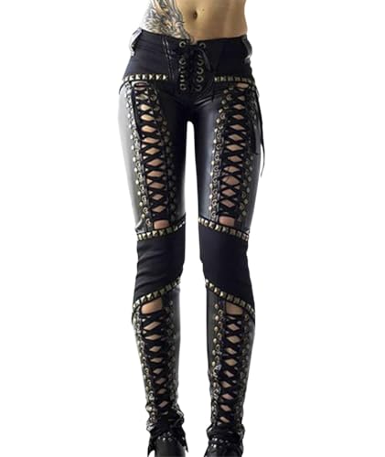 ORANDESIGNE Leggings Lederoptik Damen Lederhose Gothic Punk Hose Stretch Skinny Kunstleder Leggings Hohe Taille PU Leder Look Wetlook Clubwear A Schwarz XL von ORANDESIGNE
