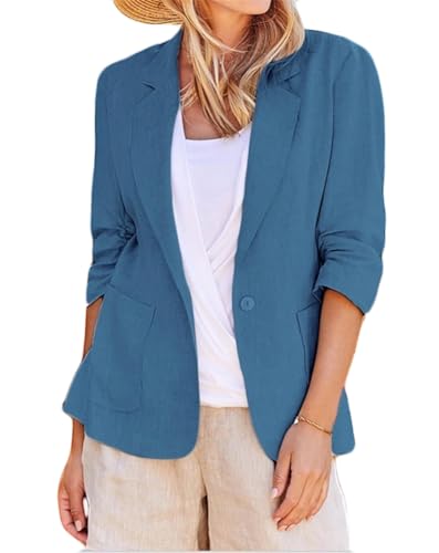 ORANDESIGNE Leinen Anzugjacke Damen Leichte Sommerjacke Elegant Leinen Sakko Regular Fit 3/4-Ärmel Blazer A Blau XL von ORANDESIGNE