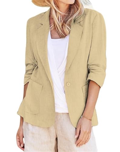 ORANDESIGNE Leinen Anzugjacke Damen Leichte Sommerjacke Elegant Leinen Sakko Regular Fit 3/4-Ärmel Blazer A Khaki L von ORANDESIGNE