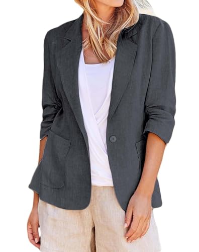 ORANDESIGNE Leinen Anzugjacke Damen Leichte Sommerjacke Elegant Leinen Sakko Regular Fit 3/4-Ärmel Blazer A Dunkelgrau L von ORANDESIGNE
