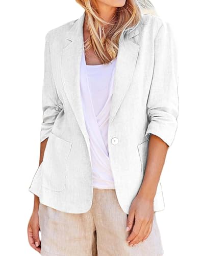 ORANDESIGNE Leinen Anzugjacke Damen Leichte Sommerjacke Elegant Leinen Sakko Regular Fit 3/4-Ärmel Blazer A Weiß XL von ORANDESIGNE