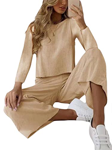 ORANDESIGNE Leinen Zweiteiler Damen Hose und Langarm Oberteil Frauen 2 Teiler Anzug Hosenanzug Elegant Set Sommer Freizeitanzug Casual Einfarbig Leinenanzug Outfit B Khaki M von ORANDESIGNE