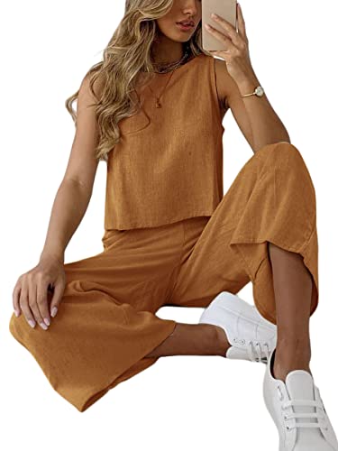 ORANDESIGNE Leinen Zweiteiler Damen Hose und Tank Top Frauen 2 Teiler Anzug Hosenanzug Elegant Set Sommer Freizeitanzug Casual Einfarbig Leinenanzug Outfit A Braun M von ORANDESIGNE